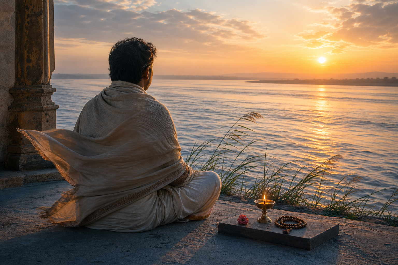 A devotee sits in prayer beside a brass oil lamp on a riverside veranda at dawn while wind ripples the water and moves the surrounding grasses.