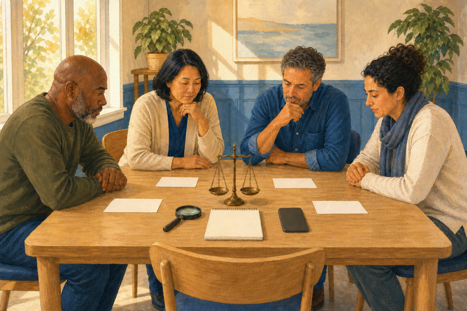 Four community members calmly examine unmarked cards around a table with a magnifying glass, phone and small balance scale.