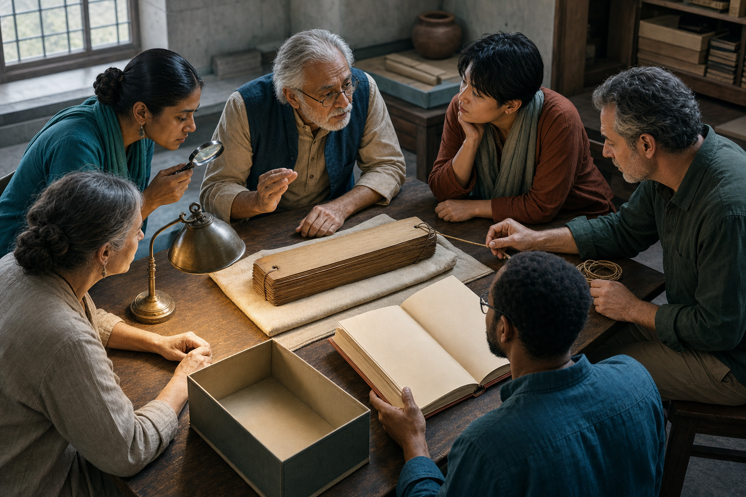 Six scholars use different research tools while examining a palm-leaf manuscript bundle around a conservation table.