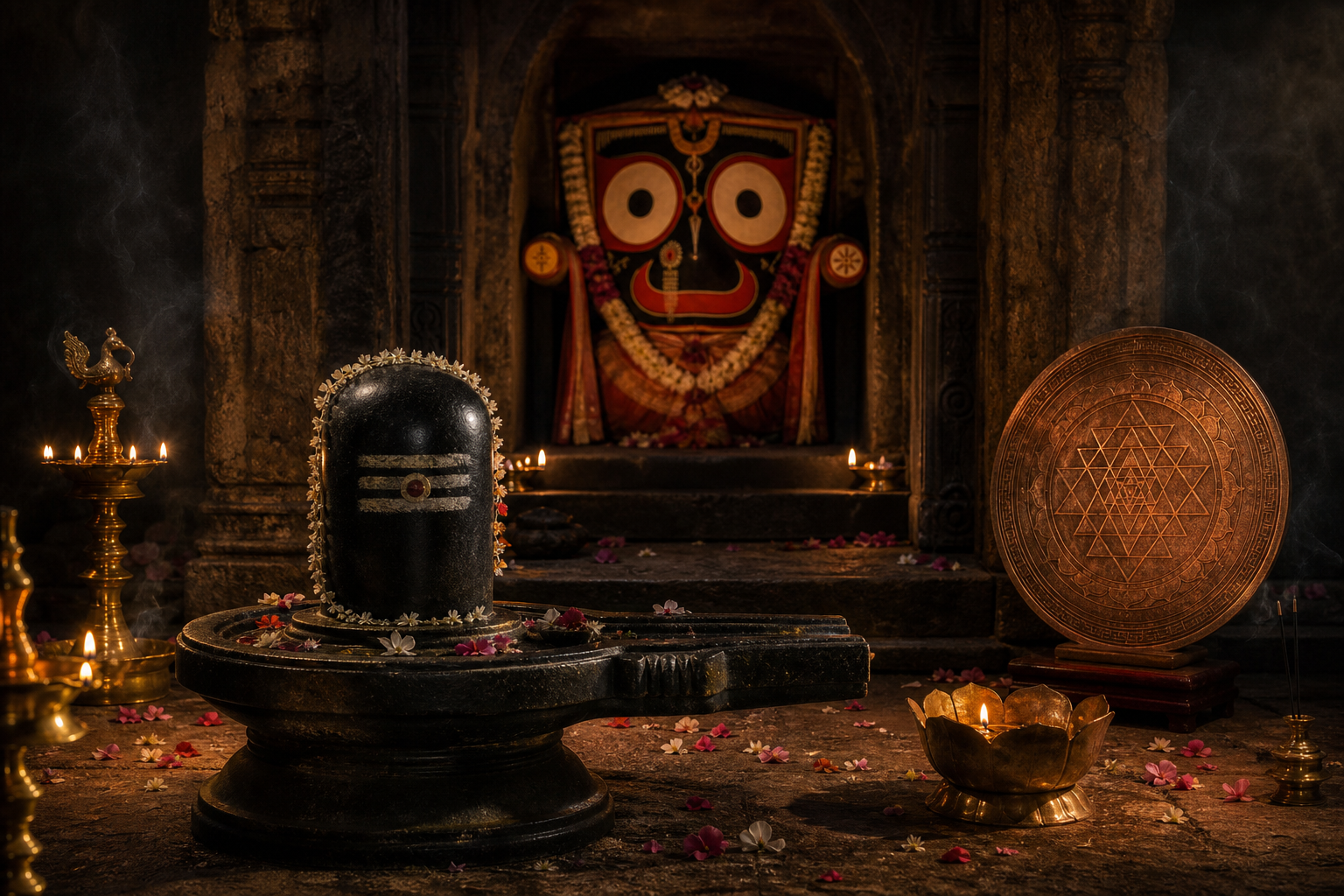 A stone Shiva linga, a large-eyed painted wooden sacred form, and a copper Sri Chakra arranged in warm lamplight inside a quiet temple-like space.