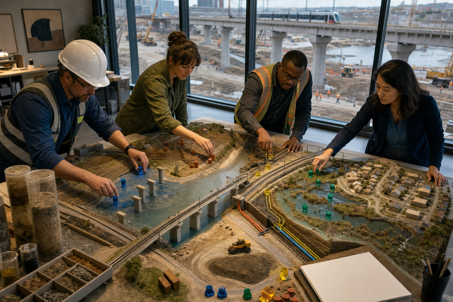 Infrastructure planners arrange colored markers around hazards on a physical model of a bridge, transit route, utilities, wetlands and nearby homes.