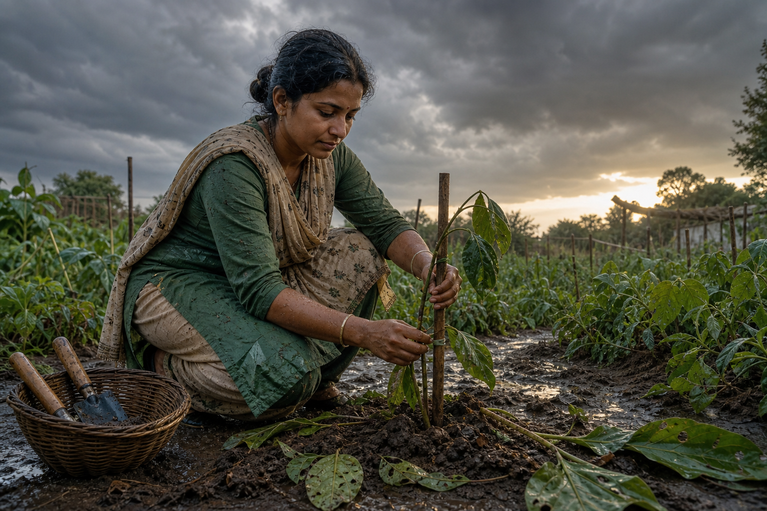 A woman supports a storm-bent plant with a wooden stake in a rain-soaked garden as dark clouds begin to clear.