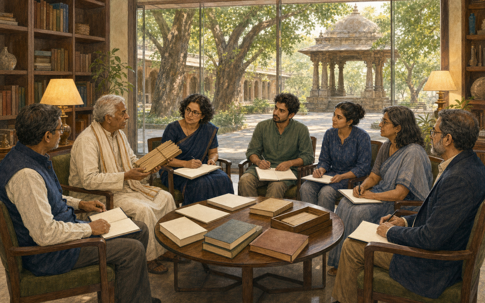 Traditional and institutional representatives review source materials together in a calm circular meeting inside a library.
