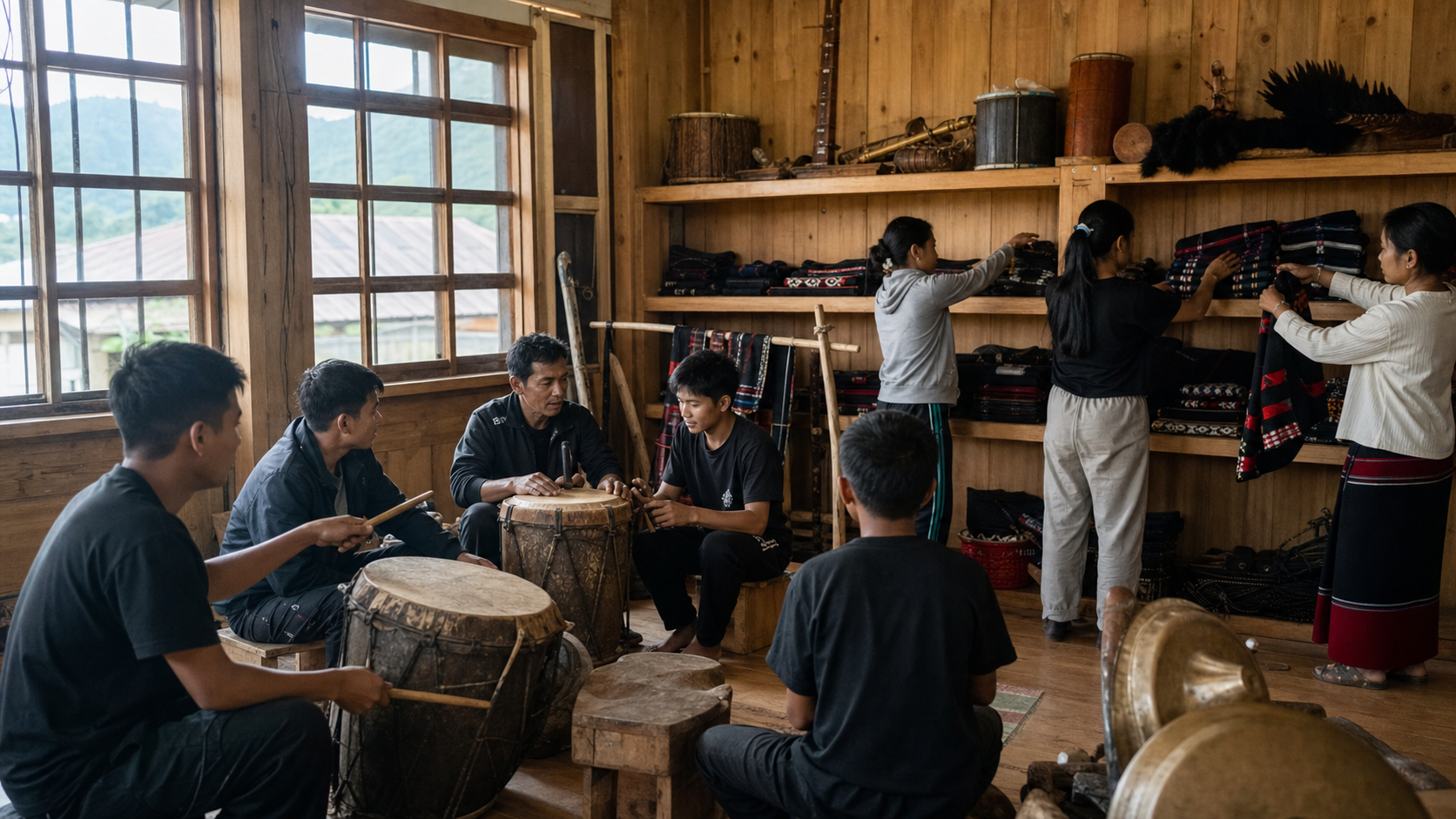 Mentors and young participants rehearse music and organize cultural materials inside a community center in Nagaland.
