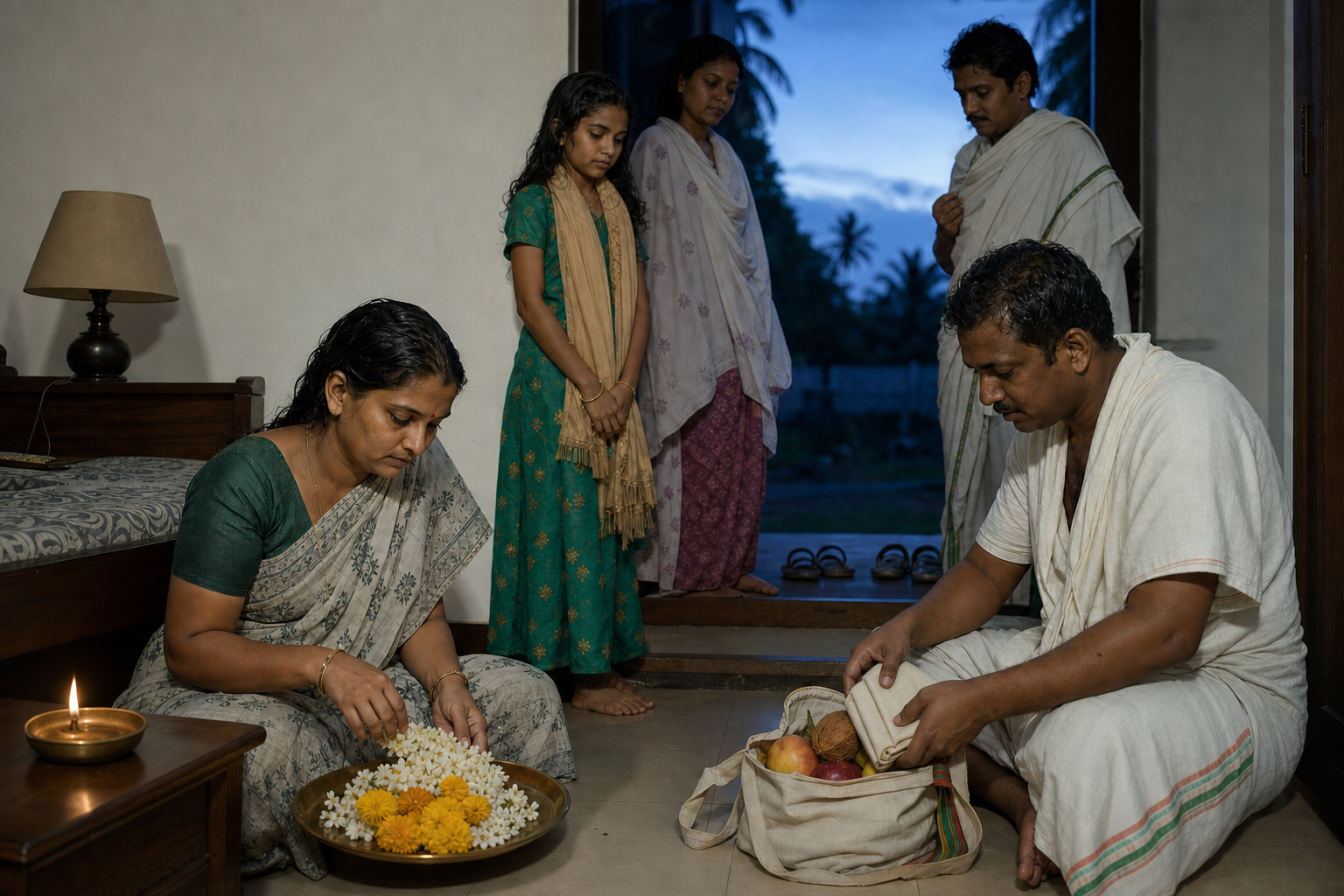 A family arranges flowers, fruit, and a coconut before leaving home for an early-morning temple observance.