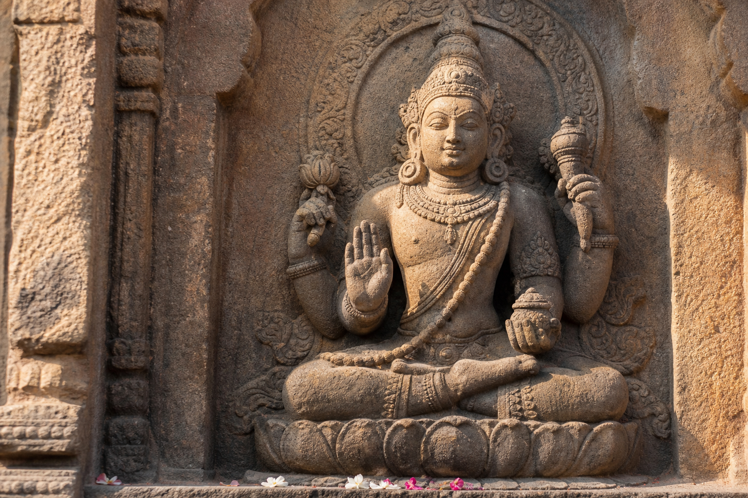 An aged sandstone sacred relief showing a raised hand gesture, lotus seat, halo, sacred thread, and ritual attributes in angled morning light.