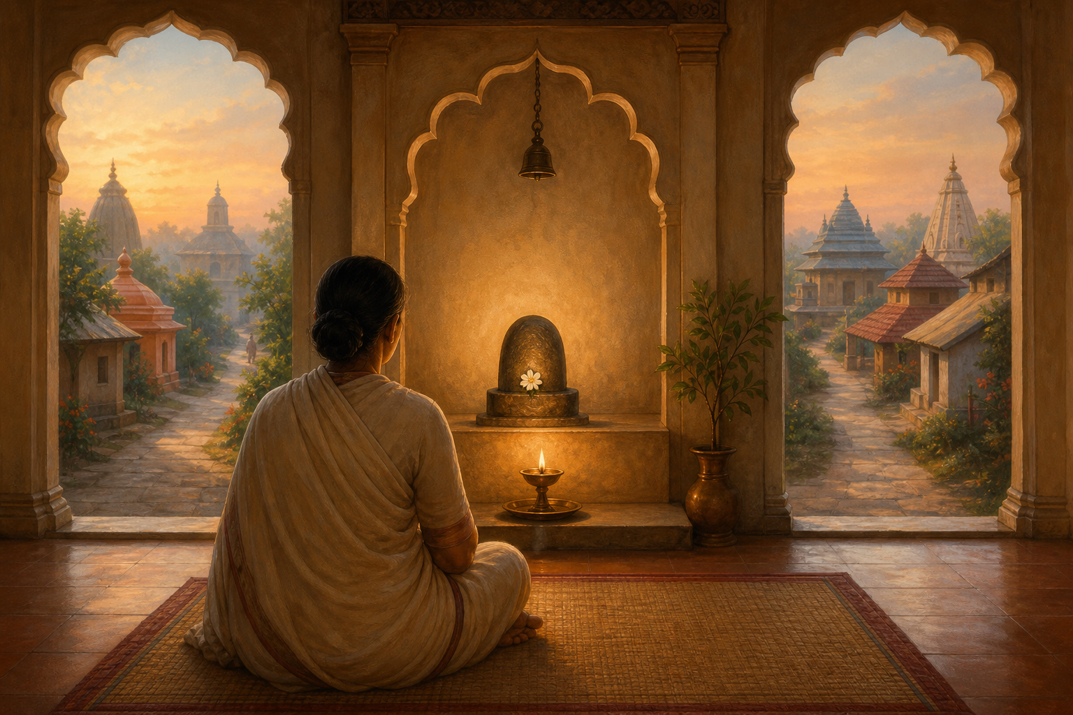 A devotee sits before a flower-adorned stone murti and oil lamp while several distant temple paths are visible through open arches.