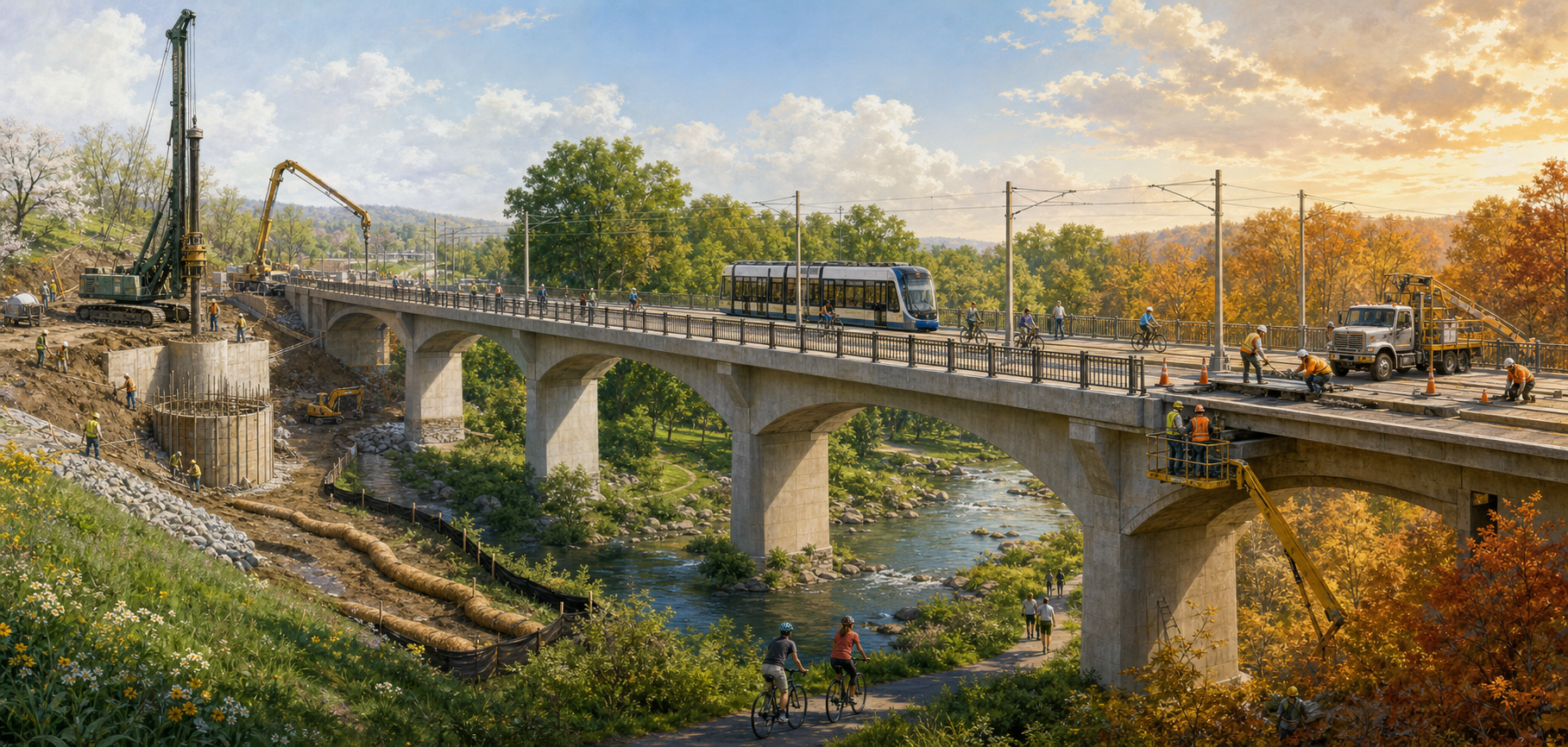 A continuous landscape shows the same transit bridge being built, used by the public and maintained as the seasons and surrounding vegetation mature.
