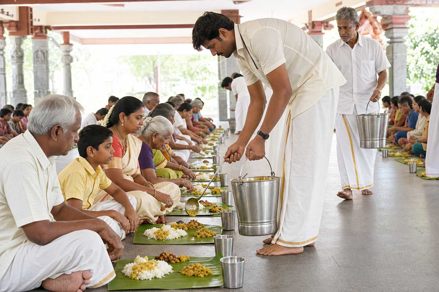 Volunteers serve a South Indian vegetarian meal on banana leaves to devotees seated in a temple dining hall.
