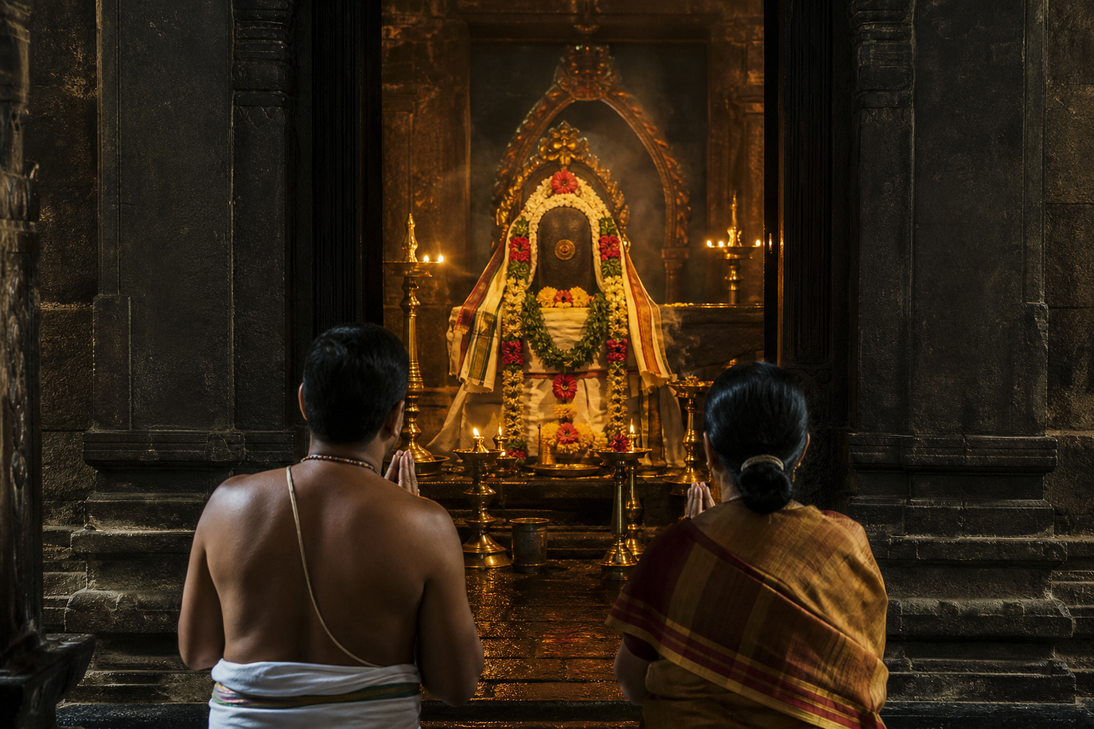Two worshippers face a garlanded sacred form illuminated by brass oil lamps inside a dark stone temple sanctum.