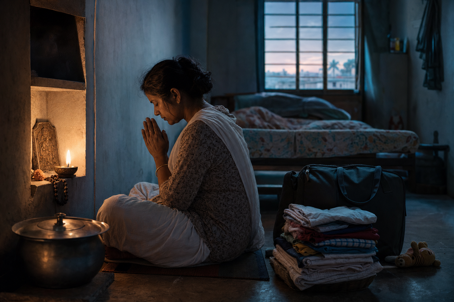 A tired adult pauses for morning prayer beside a small oil lamp in a home where a work bag, folded laundry, cooking pot, and child's toy are nearby.