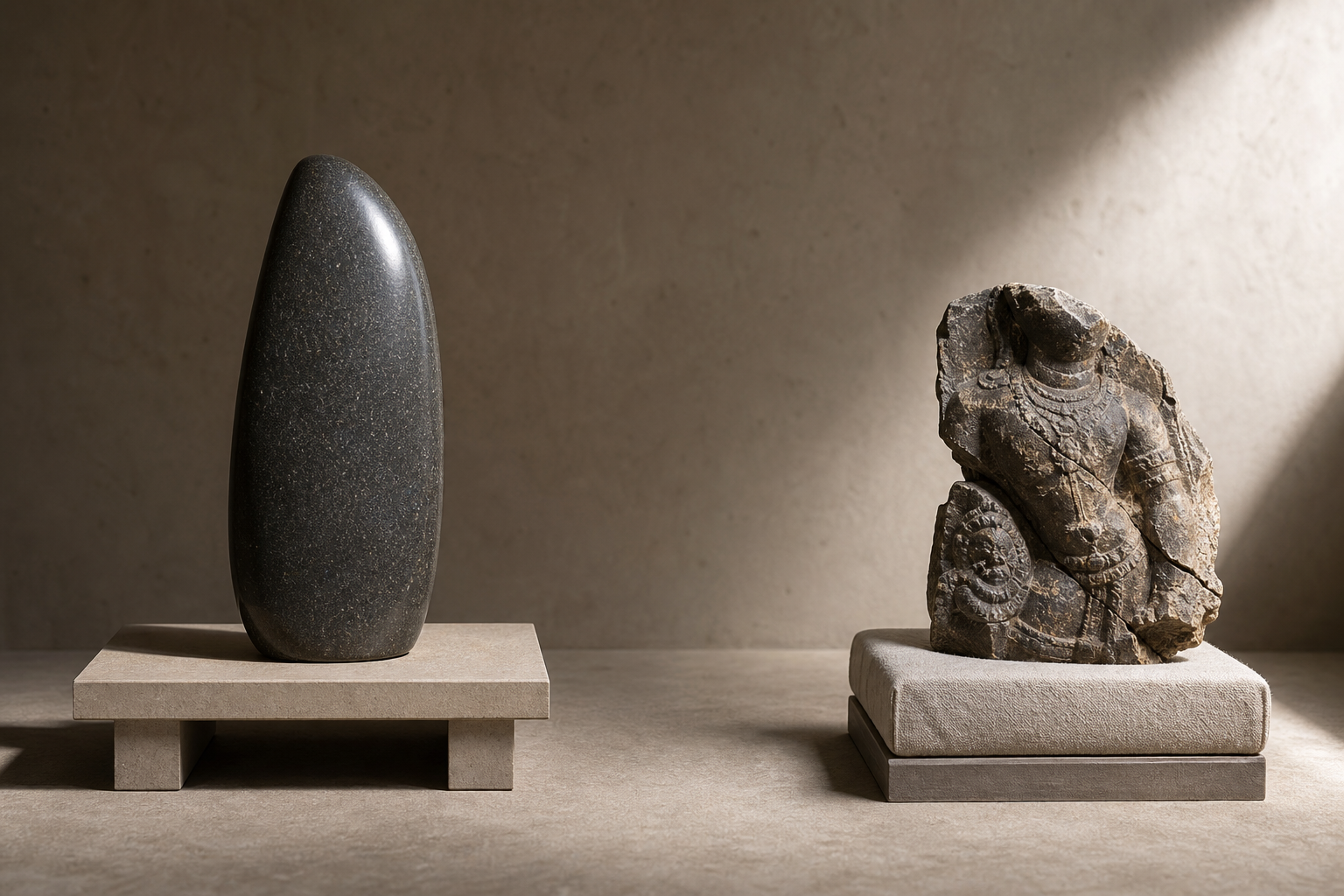 An intact polished aniconic stone and a weathered carved fragment with broken edges displayed separately in a conservation room.