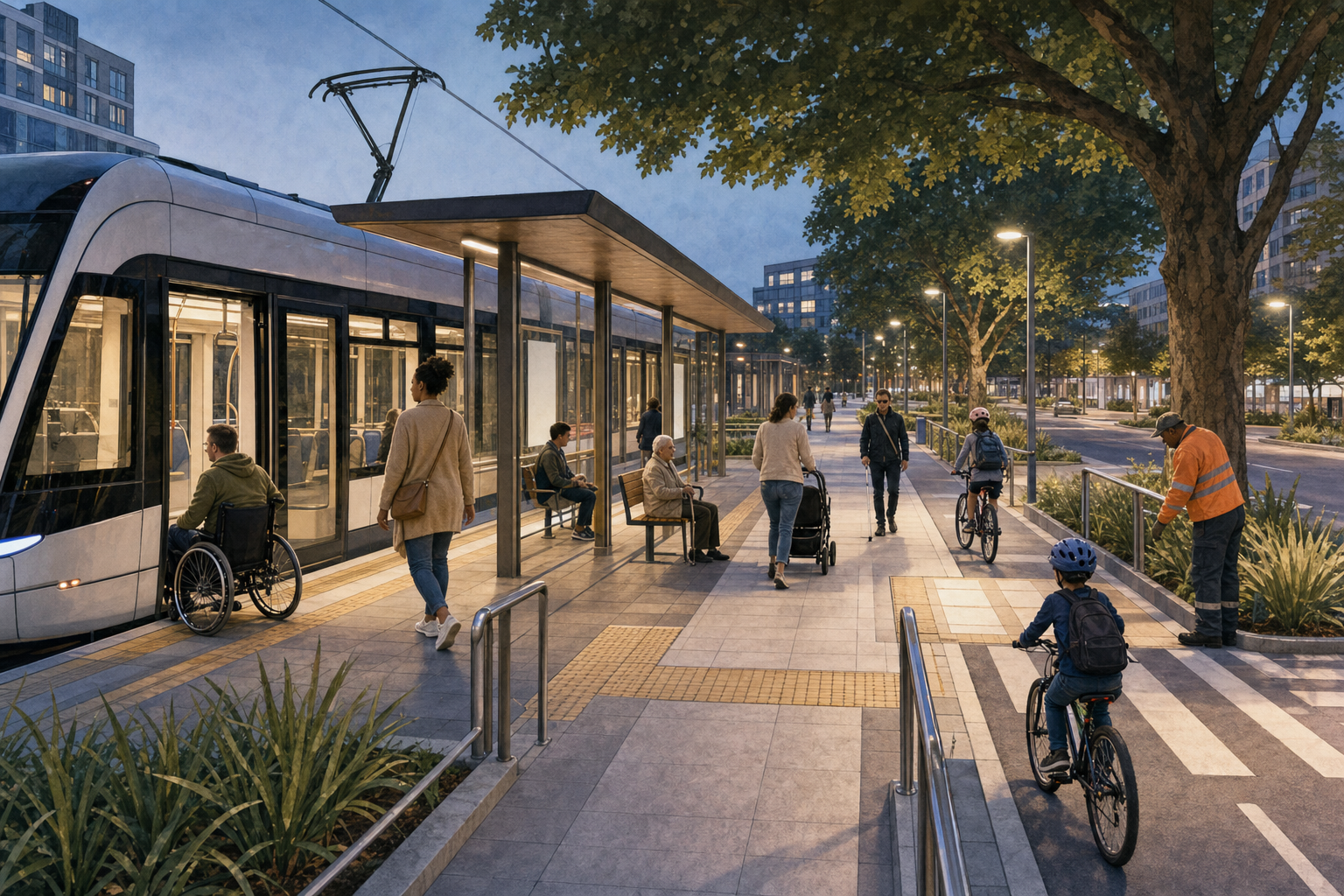 People of different ages and mobility needs use a step-free transit platform with tactile paving, ramps, protected cycling space, seating and lighting.