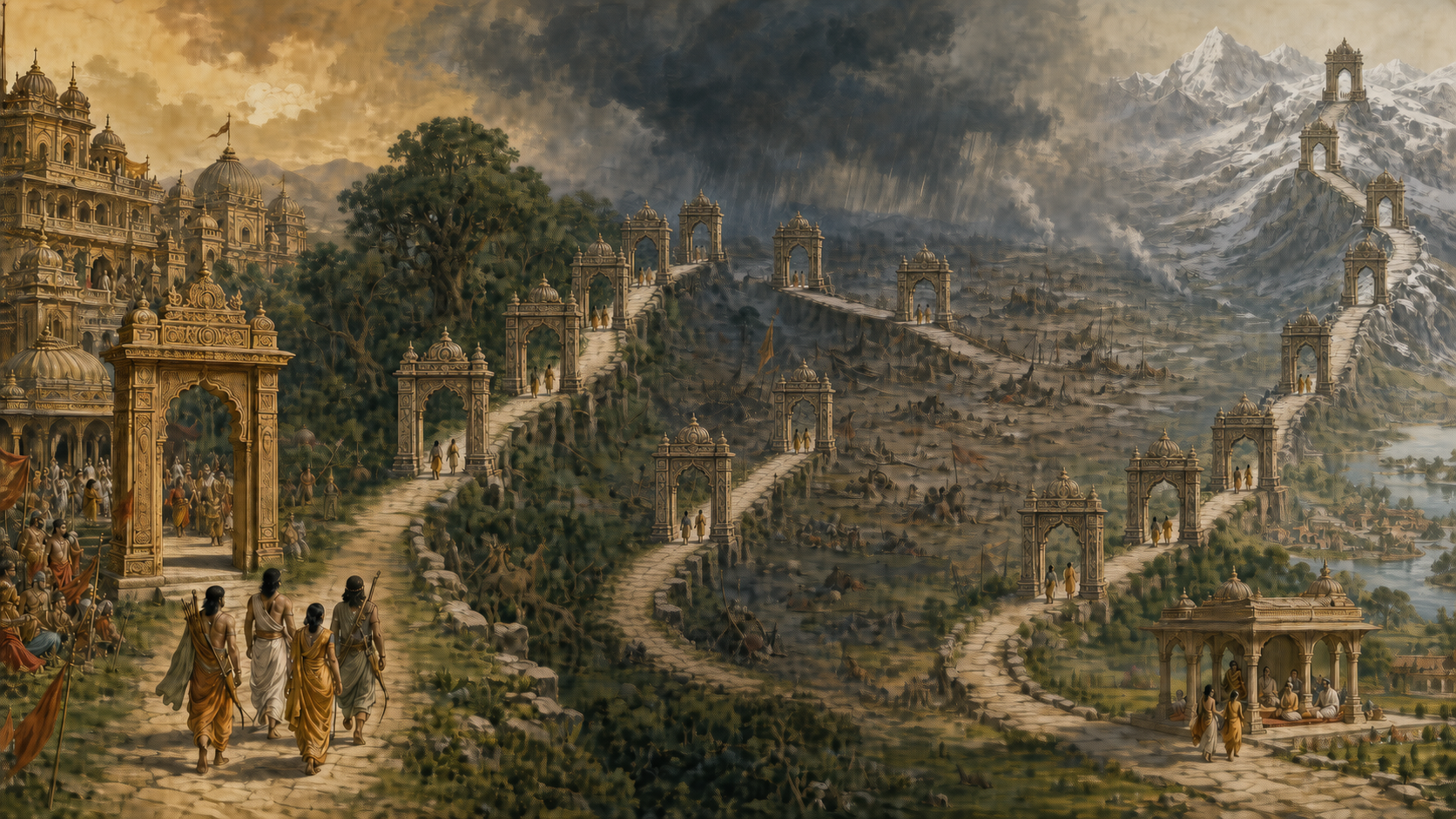 A winding path passes through eighteen gateways from a royal palace and forest to a battlefield, council pavilion, and snowy mountain ascent.