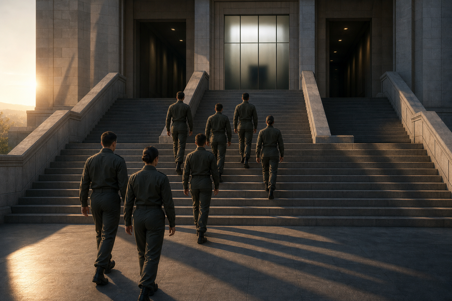 A group of anonymous officers climbs steps toward a command building whose upper landing branches into several shadowed corridors.