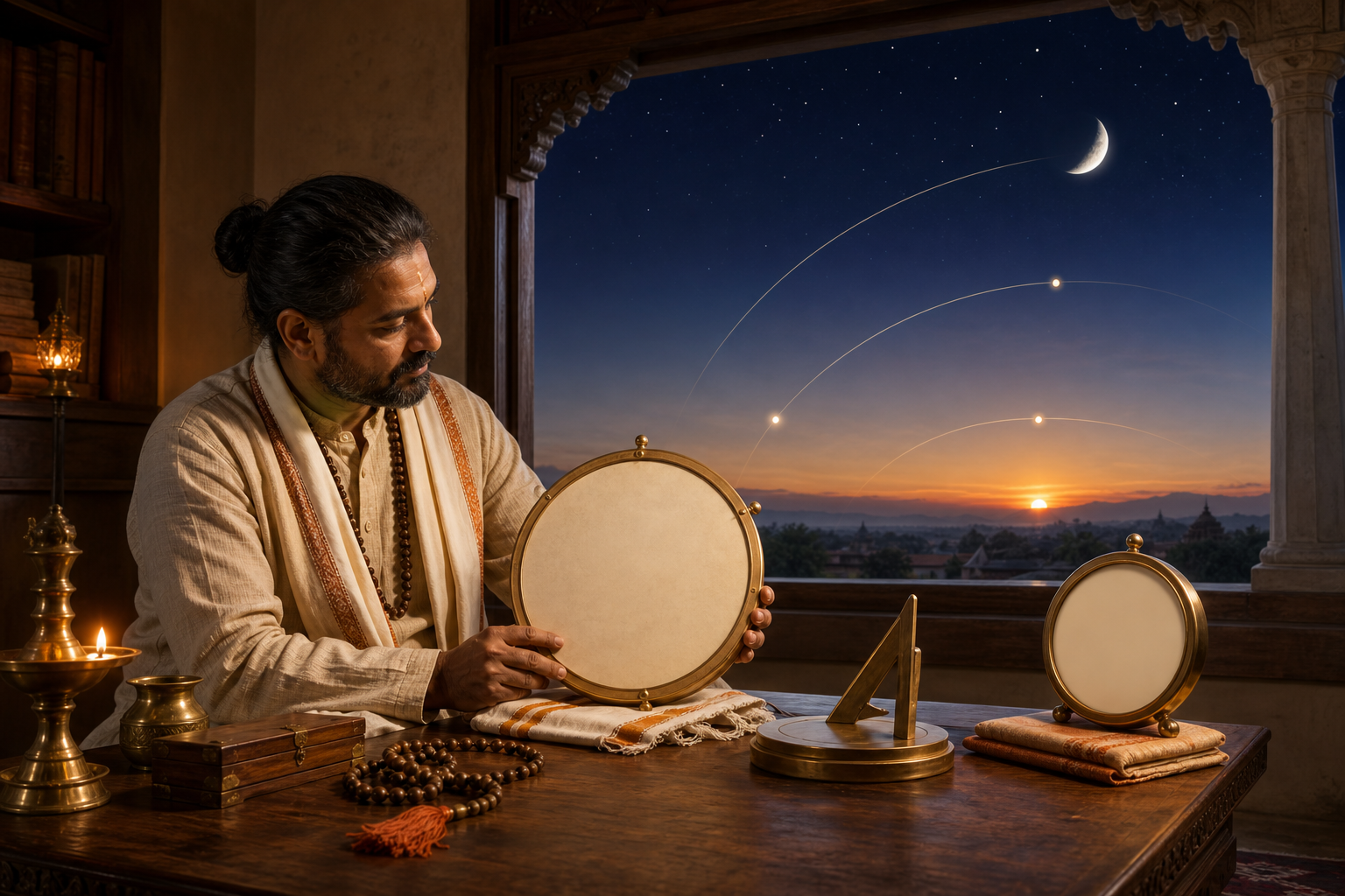 An astronomer-practitioner studies a brass celestial instrument and an unmarked clock beside a window showing dawn, night sky, and the Moon.