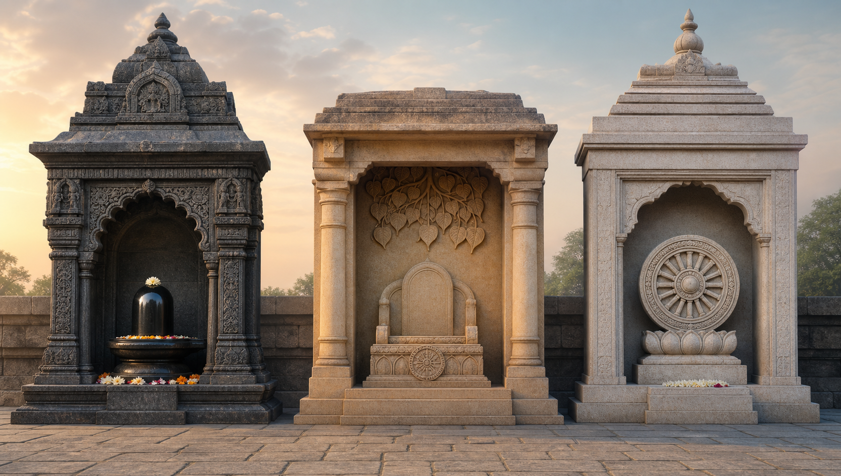 Three separate courtyard niches hold a Hindu linga, an empty throne beneath bodhi leaves, and a Jain wheel-and-lotus emblem.
