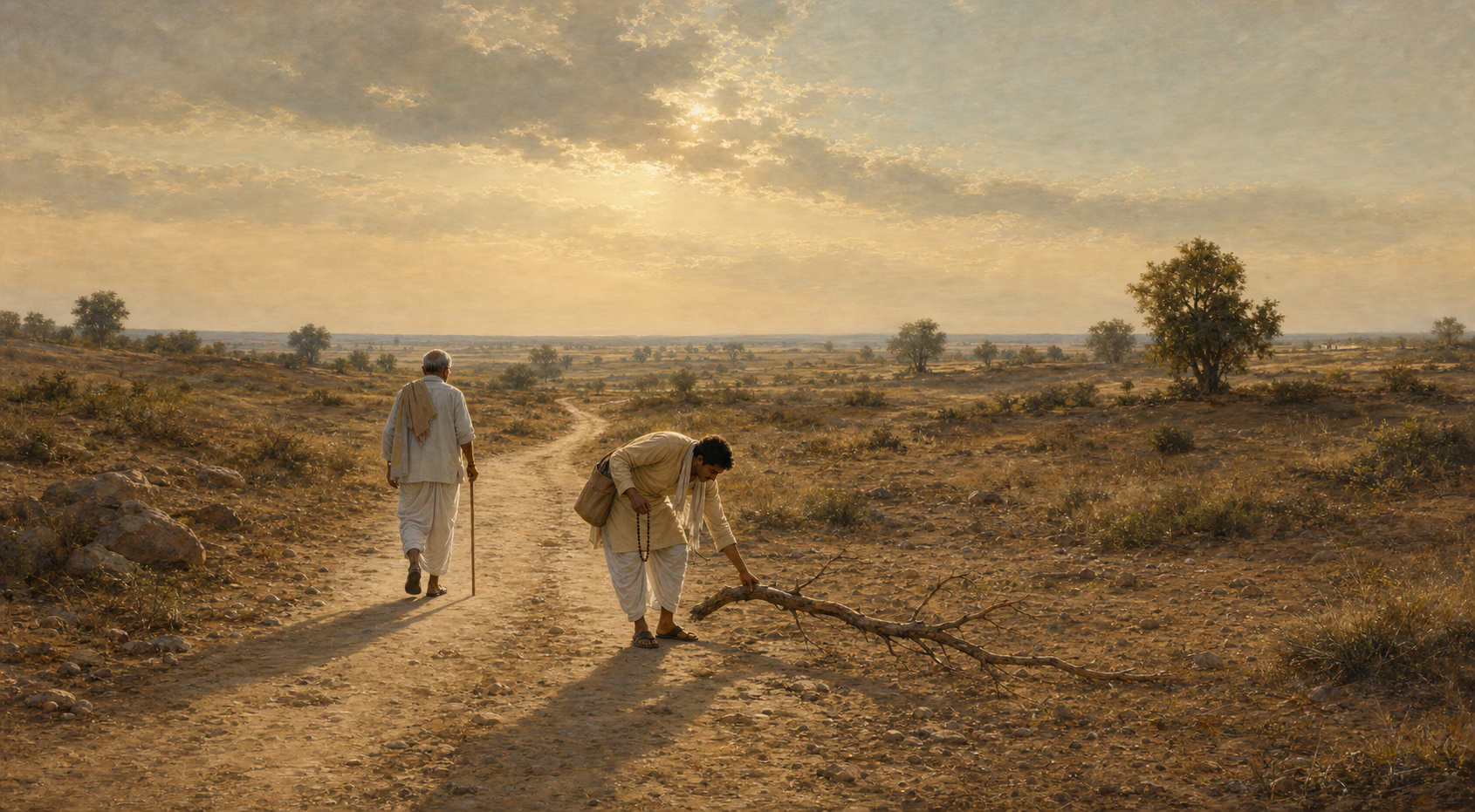 A traveler holding prayer beads moves a fallen branch from a dry rural path so an elderly person can pass.