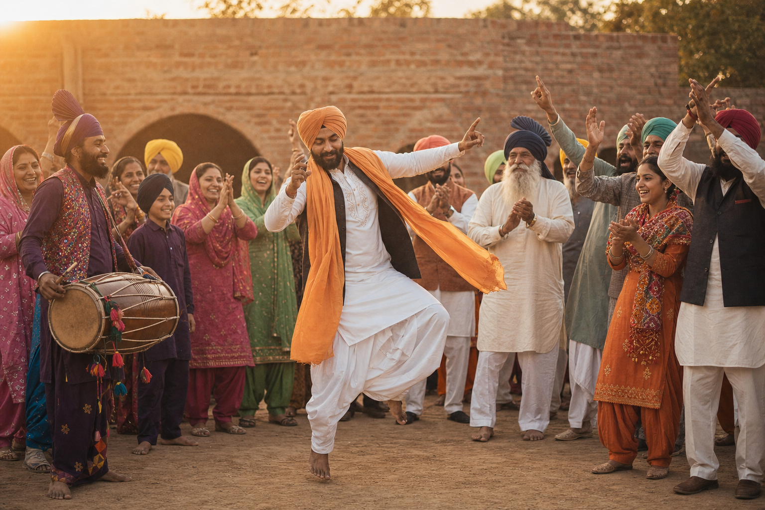 Punjabi dancers and a dhol player form a courtyard circle as a central dancer moves from a grounded side sway into an upward rebound.