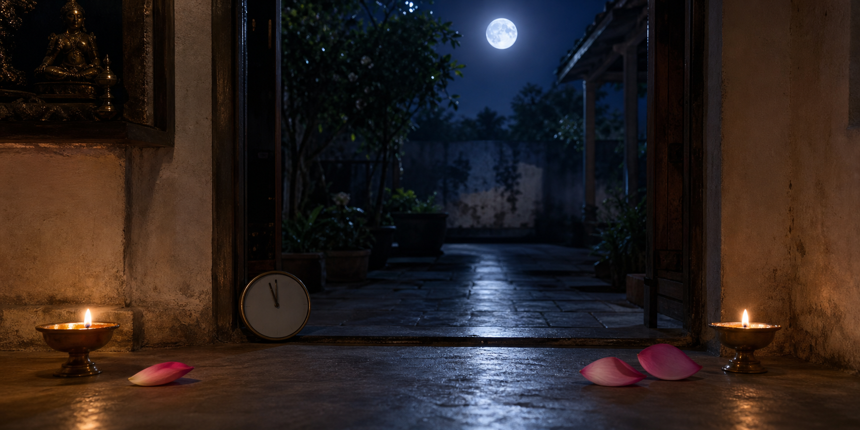 A moonlit shrine is divided by a shaft of light, with one lotus petal and lamp on one side and two petals and lamps on the other.