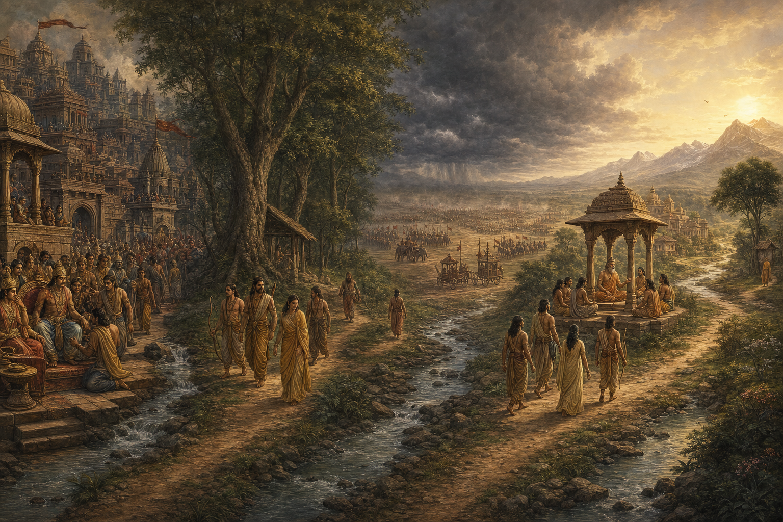 A continuous landscape moves from a troubled royal court through forest exile and battlefield conflict to counsel, restored rule, and renunciation.