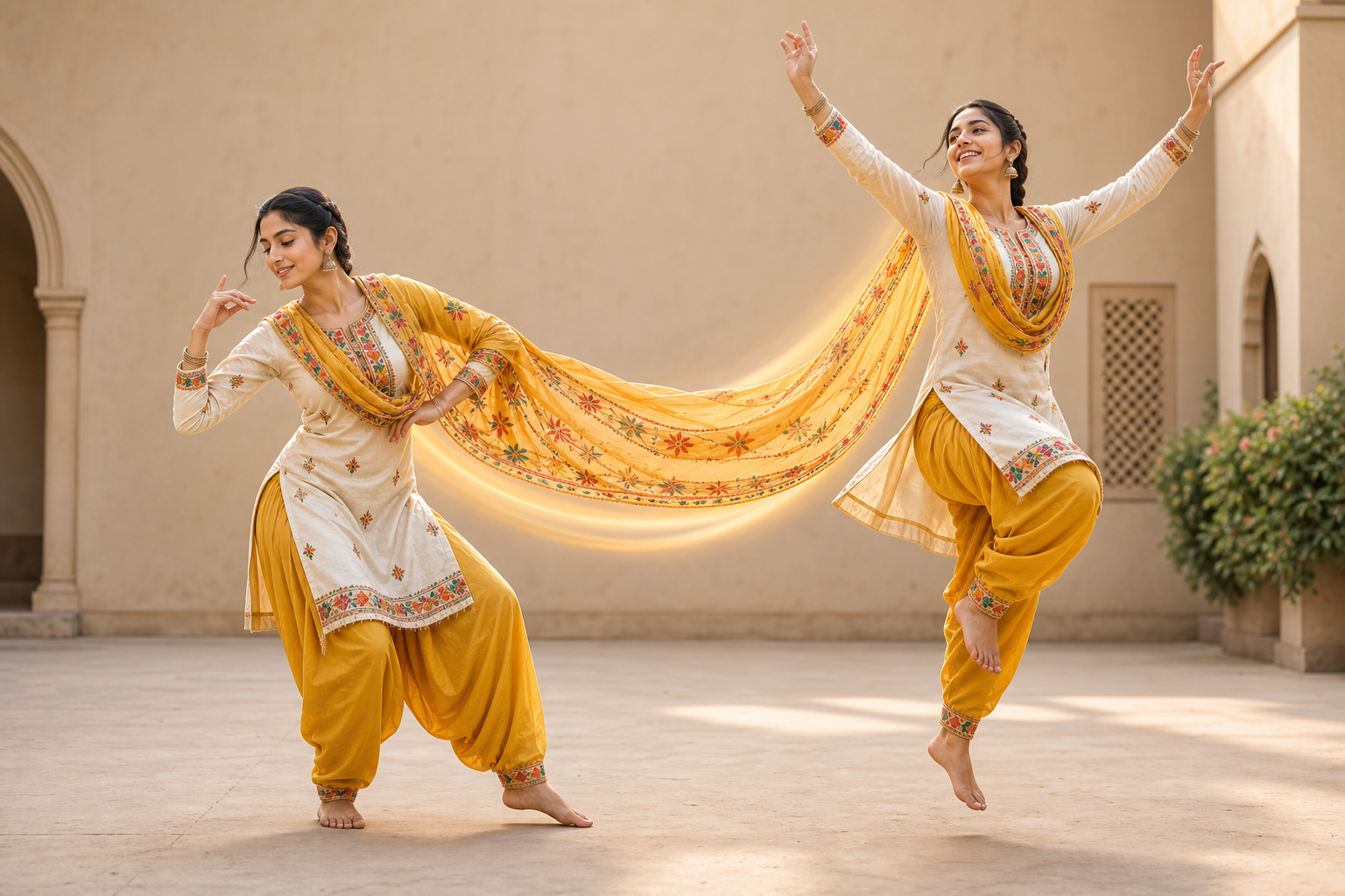 Two views of the same Punjabi dancer show a controlled weight-bearing sway followed by a light upward rebound with raised arms.