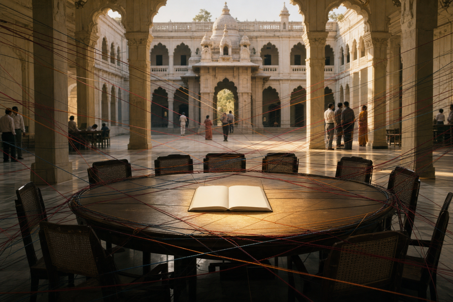 A historic university hall in Mysore stands behind a circular seminar table tangled in colored threads, with a blank open book lit at its center.
