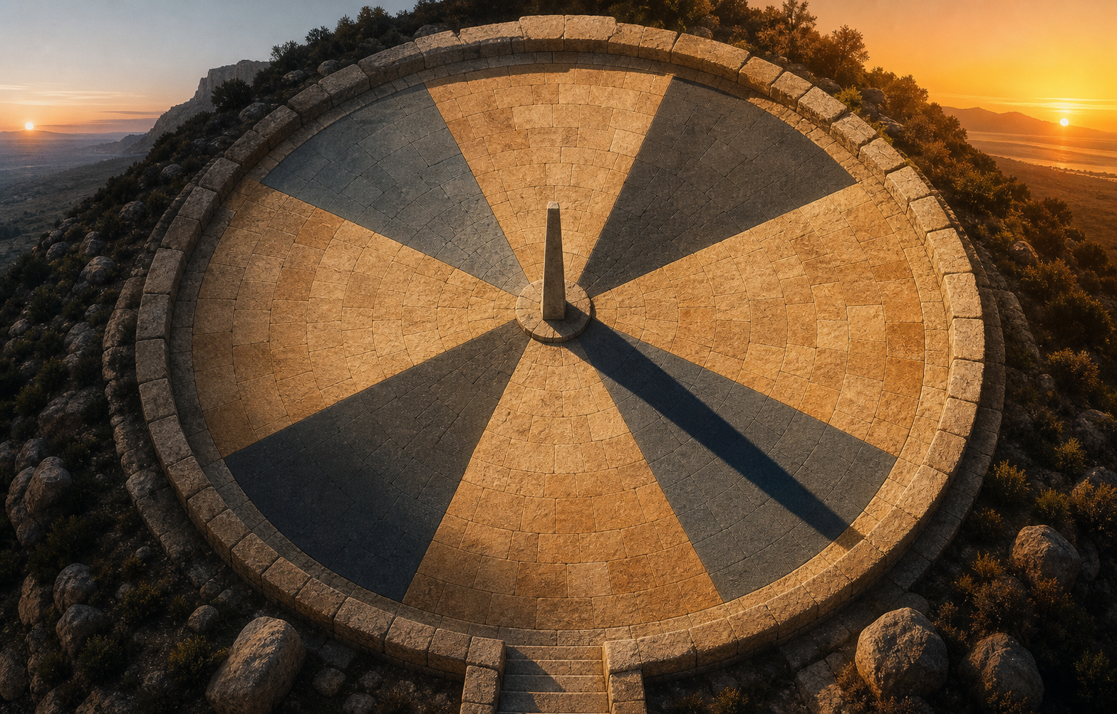 A circular stone courtyard uses sunlight, shadow, and eight equal paving bands to represent divisions between local sunrise and sunset.