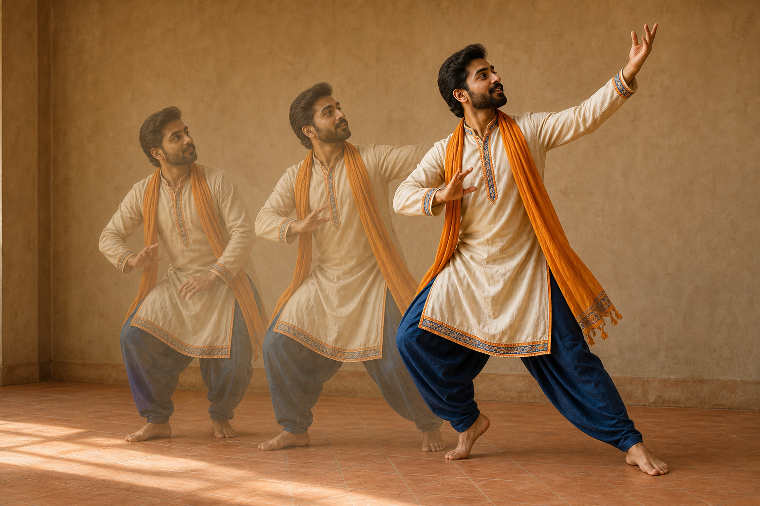 A three-phase movement study shows a Punjabi dancer transferring weight through the foot and knee before the motion rises through the torso and arms.