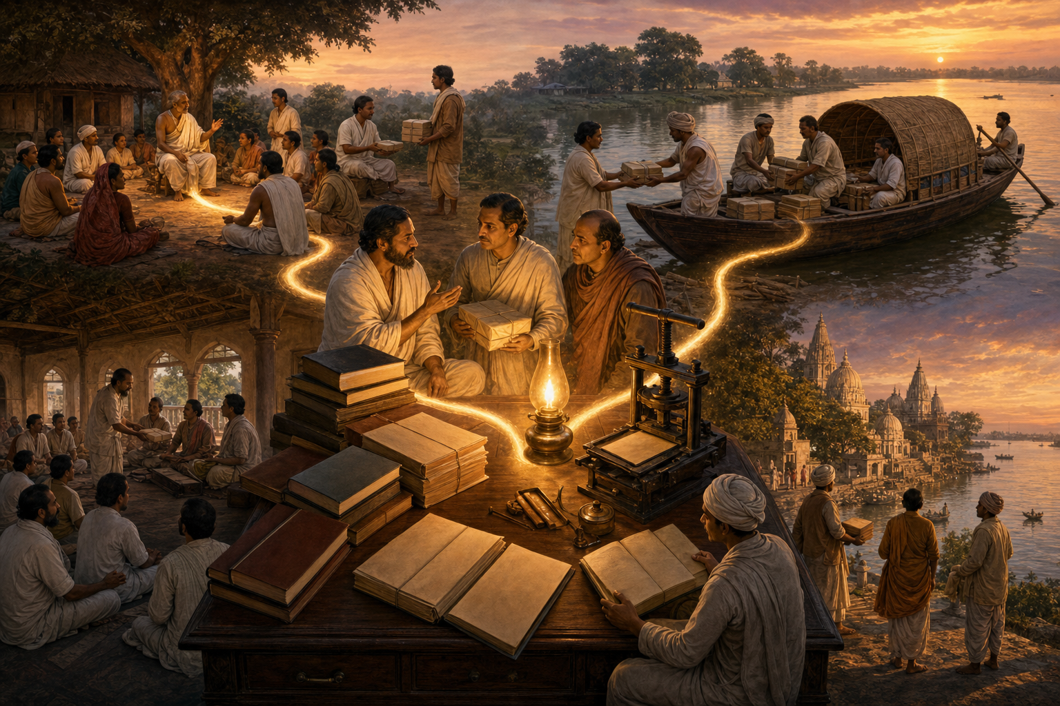 Books, manuscript folios, devotional gatherings, river transport, and a sacred temple landscape form an interconnected scene in nineteenth-century Bengal.