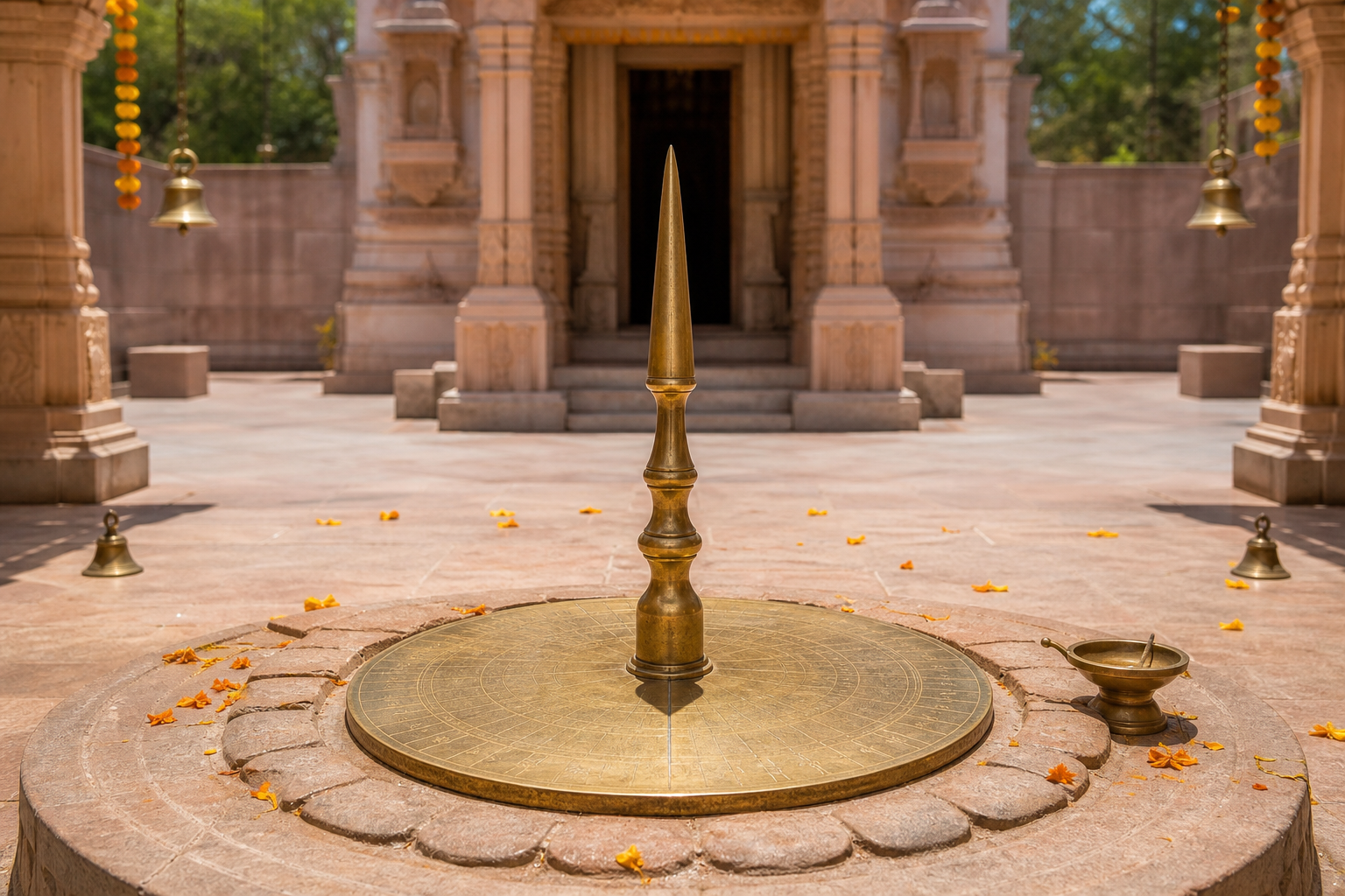 A brass gnomon casts a short midday shadow in a symmetrical stone courtyard decorated with marigold petals and a ritual lamp.