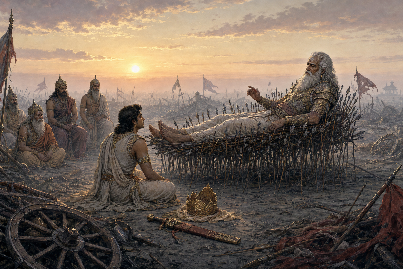 Bhishma lies on a bed of arrows at dawn while Yudhishthira sits before him listening, with abandoned battlefield equipment in the mist behind them.