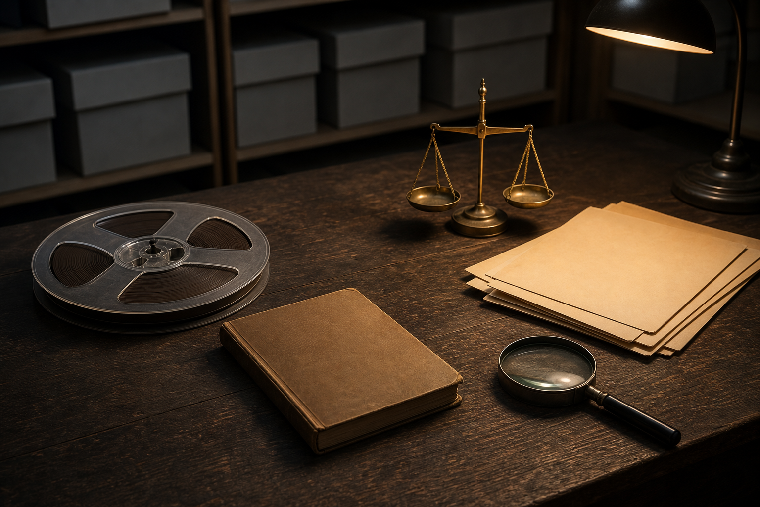 An archive table holds an audio reel, a closed notebook, unmarked folders, a brass balance and a magnifying lens under separate pools of light.