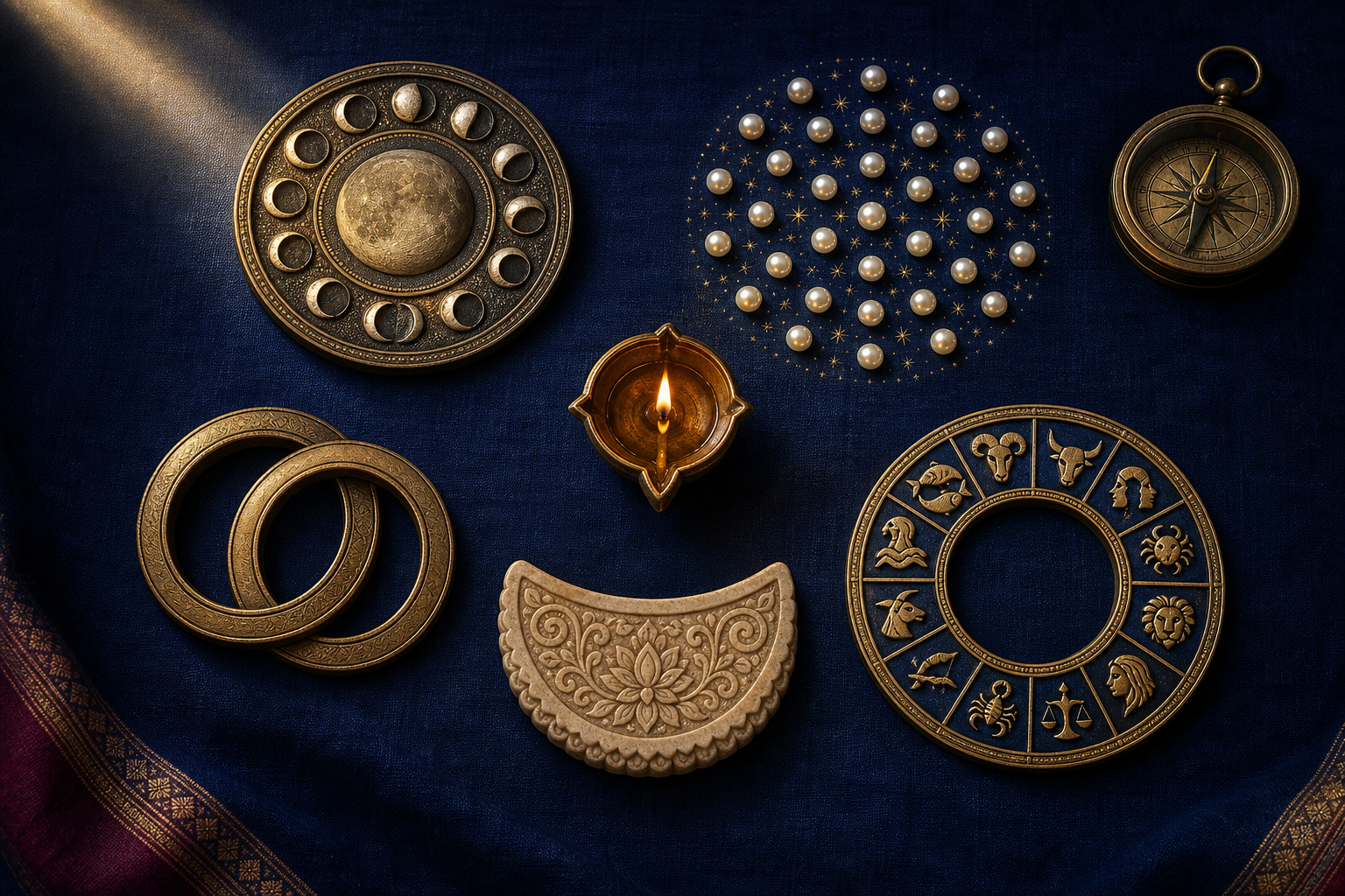Five celestial and ritual objects surround an oil lamp, including a lunar disc, a star cluster, interlocking rings, a carved half-moon token, and a zodiac-like band.