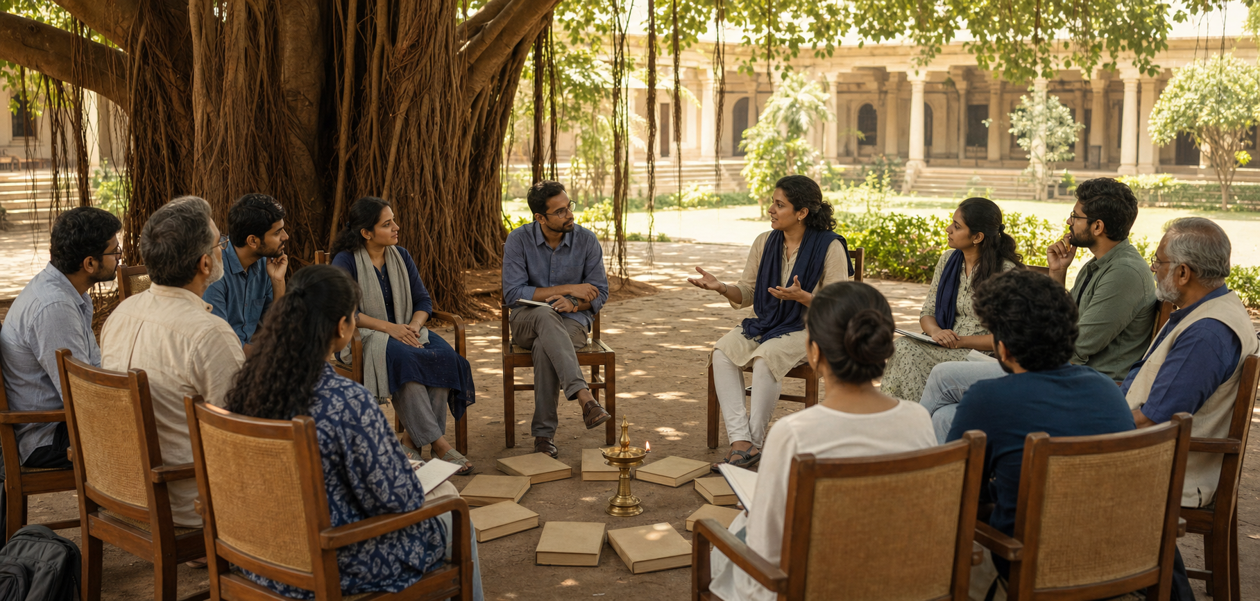 Scholars and students sit in an equal circle beneath a banyan tree around a small lit oil lamp and several unmarked books.