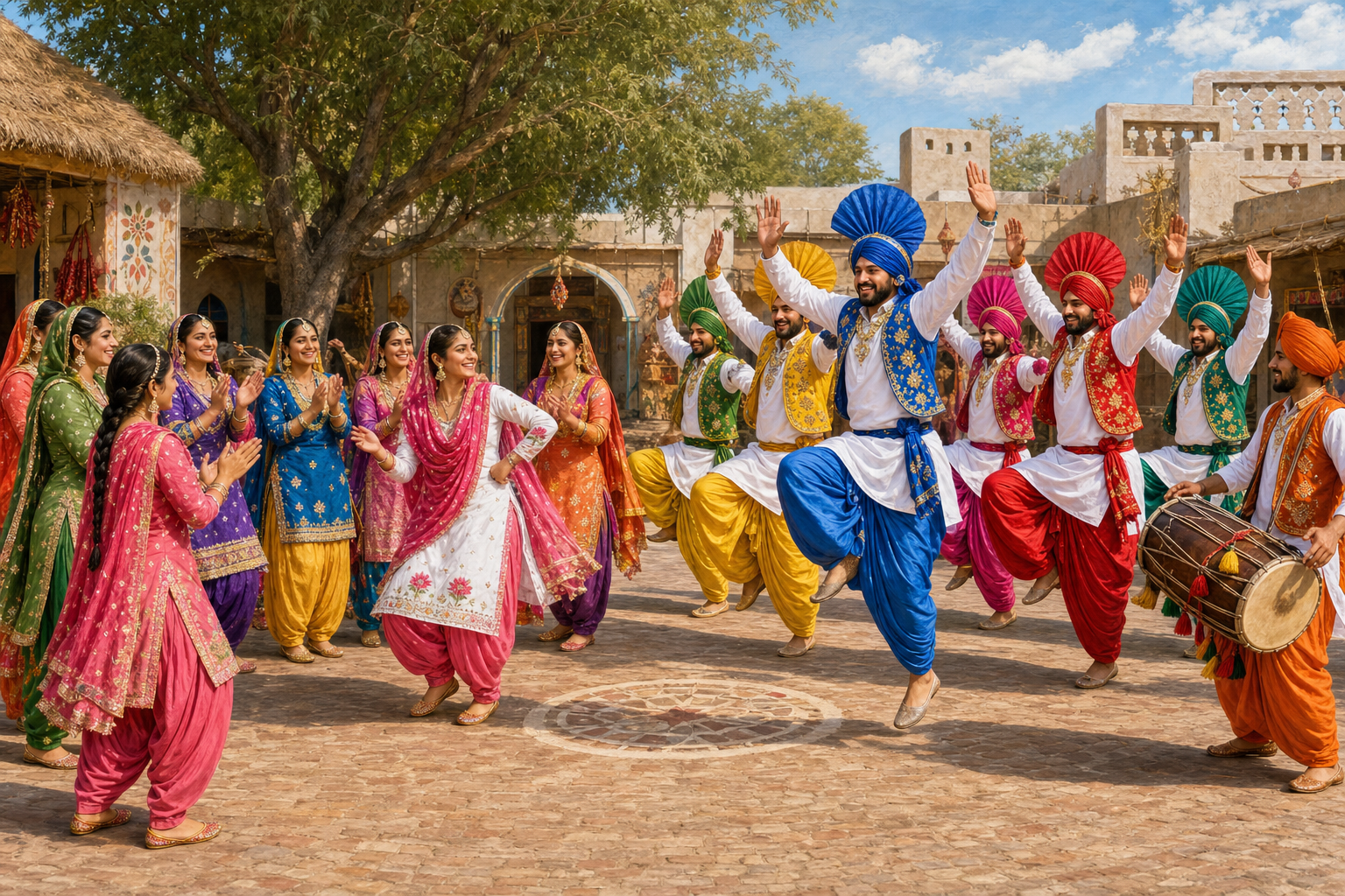 A Giddha circle uses compact sways and clapping beside a Bhangra ensemble performing higher rebounds and broad raised-arm gestures.