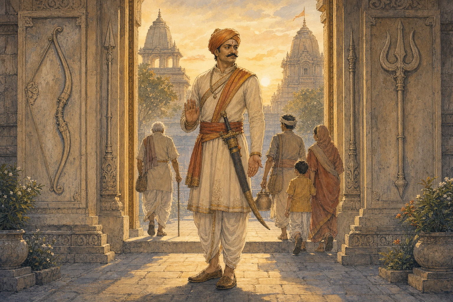 A calm guardian with a sheathed sword stands protectively at a temple gateway as several people pass safely behind.