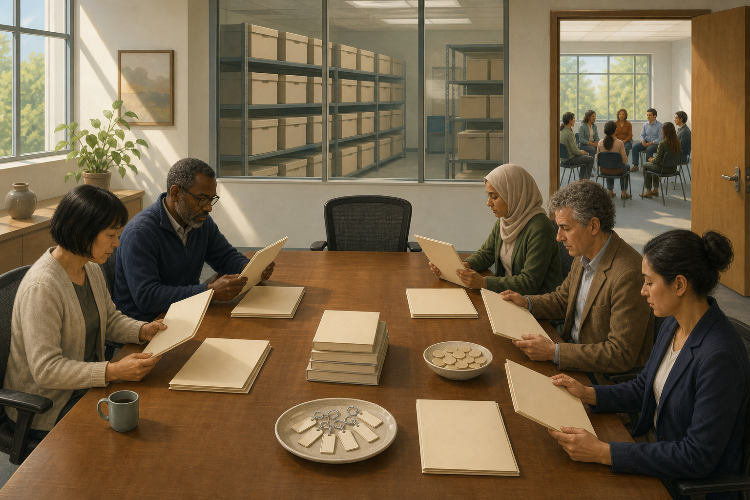 Faculty administrators review identical unmarked folders in a sunlit committee room beside an orderly records area and an open seminar room.