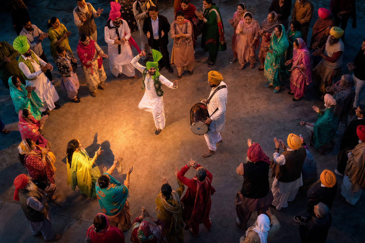 An overhead view shows Punjabi dancers clapping in an open circle around a dhol player as colorful garments trace the group movement.