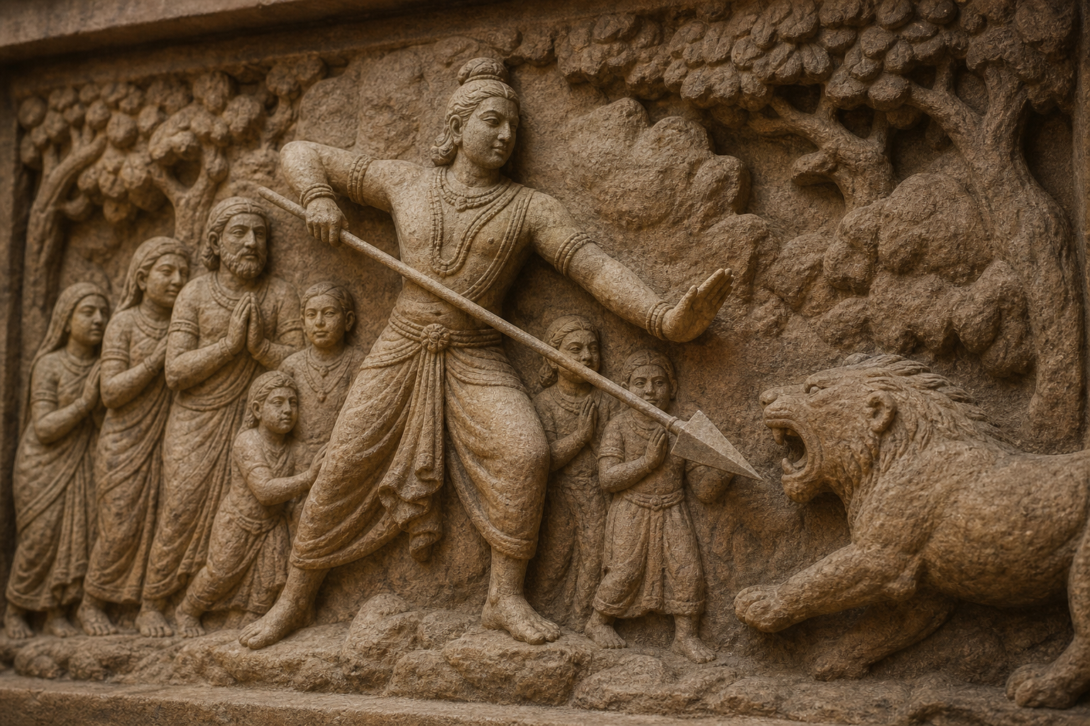 A sandstone relief shows a serene protector using a spear to block a beast while an open hand shelters villagers behind.