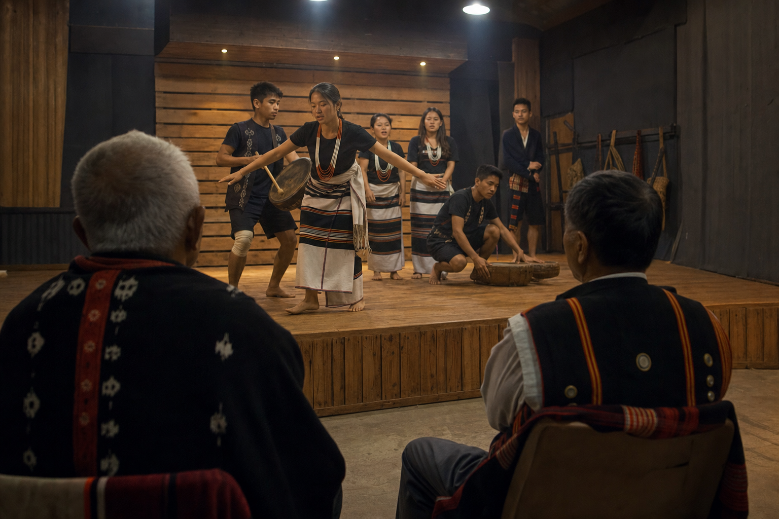 Performers rehearse singing, dance, percussion, and storytelling on a community theatre stage as elders observe.