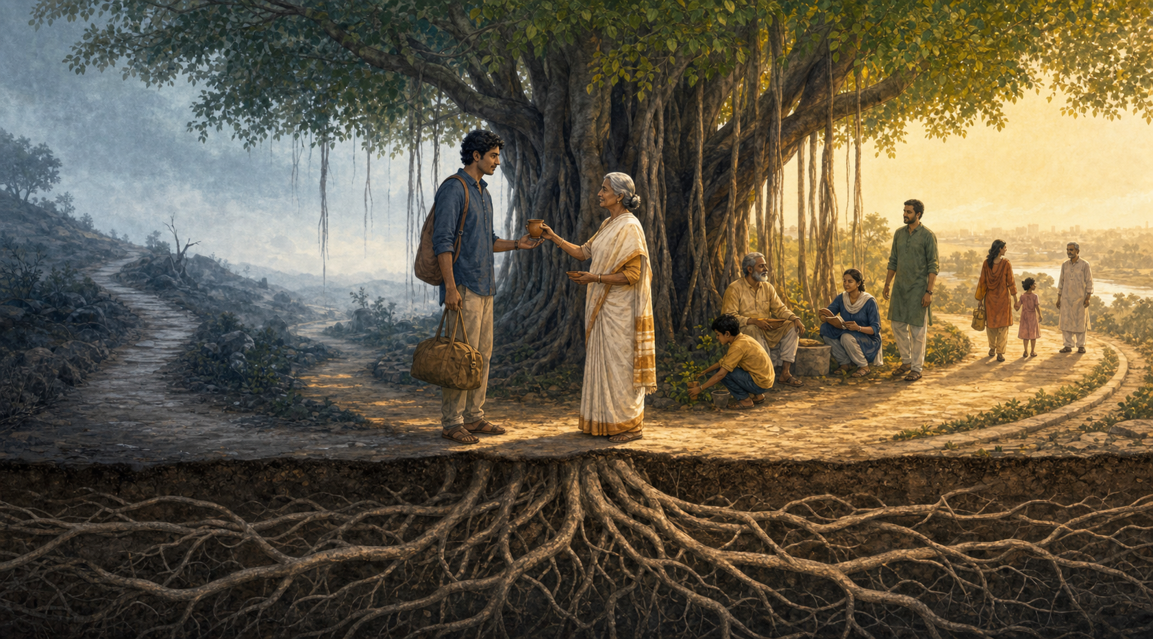 A person beneath a banyan tree accepts a cup of water as a solitary path joins a path shared by an intergenerational group.