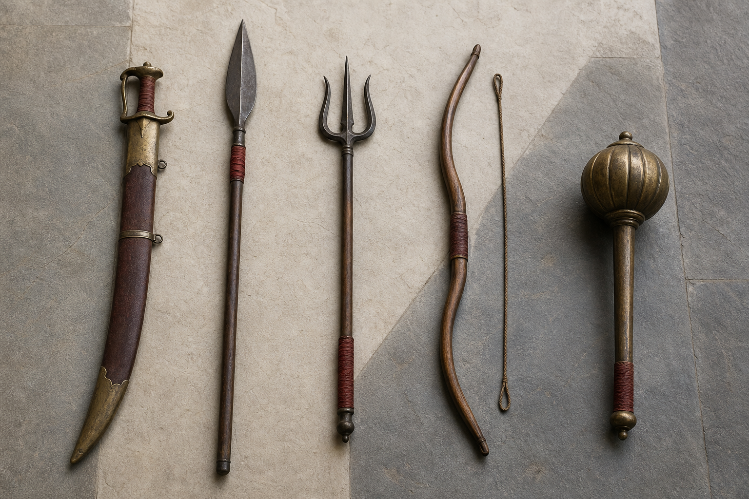 A sheathed sword, spear, trident, bow, and mace are arranged separately on stone surfaces under soft light.