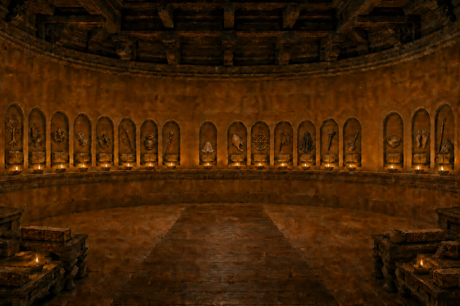 Eighteen arched niches in a manuscript hall contain palm-leaf bundles and symbolic objects associated with court, exile, war, rule, and renunciation.