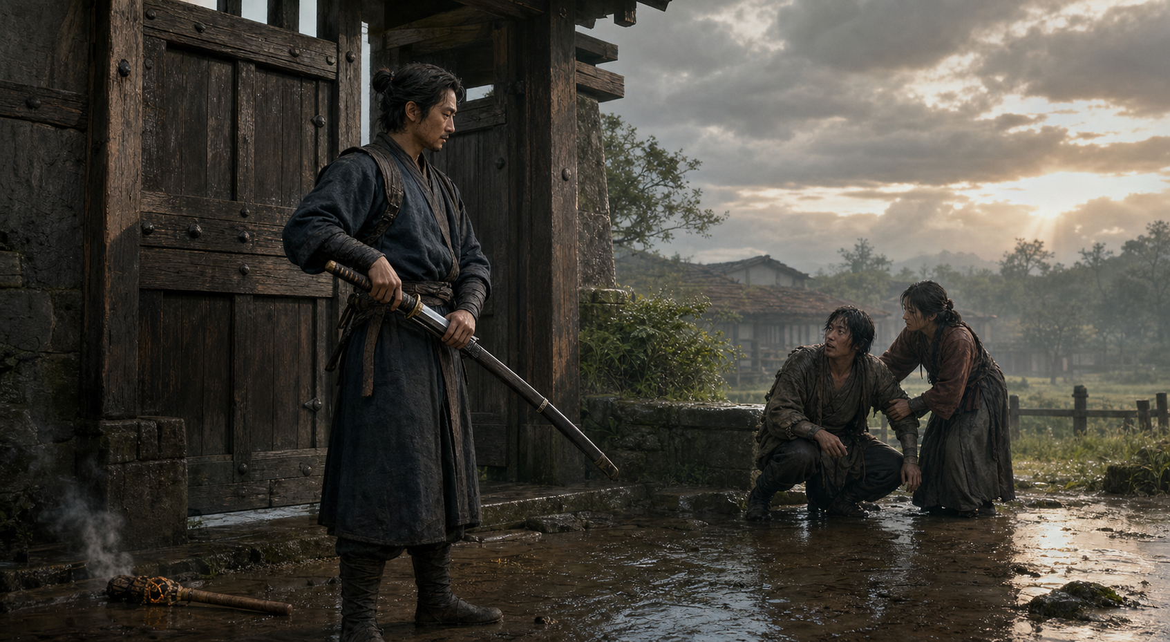 A defender calmly sheathes a sword at a secured sanctuary gate while two travelers are helped to their feet.