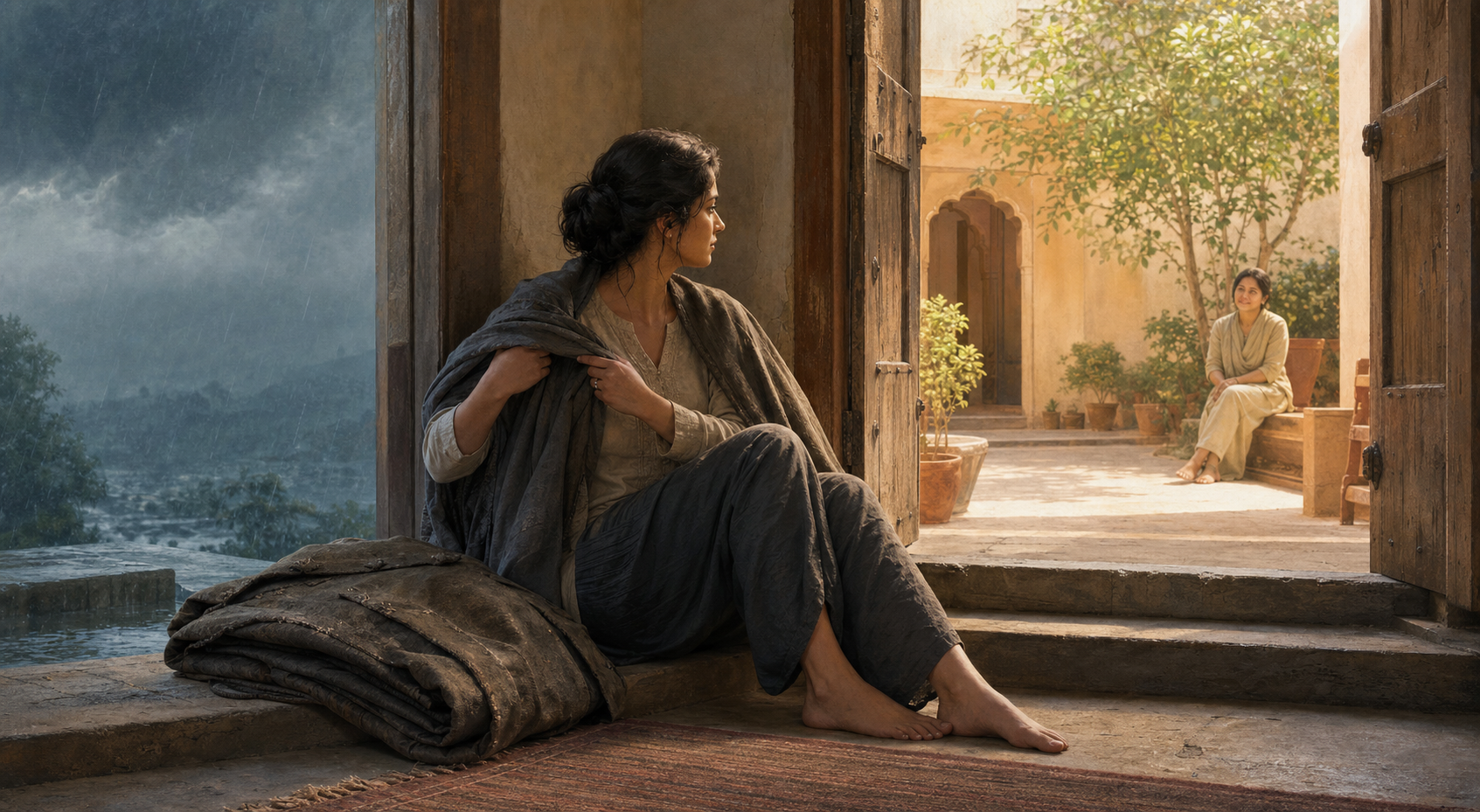 An adult folds a heavy protective cloak at a doorway while a trusted friend waits in a sunlit courtyard.