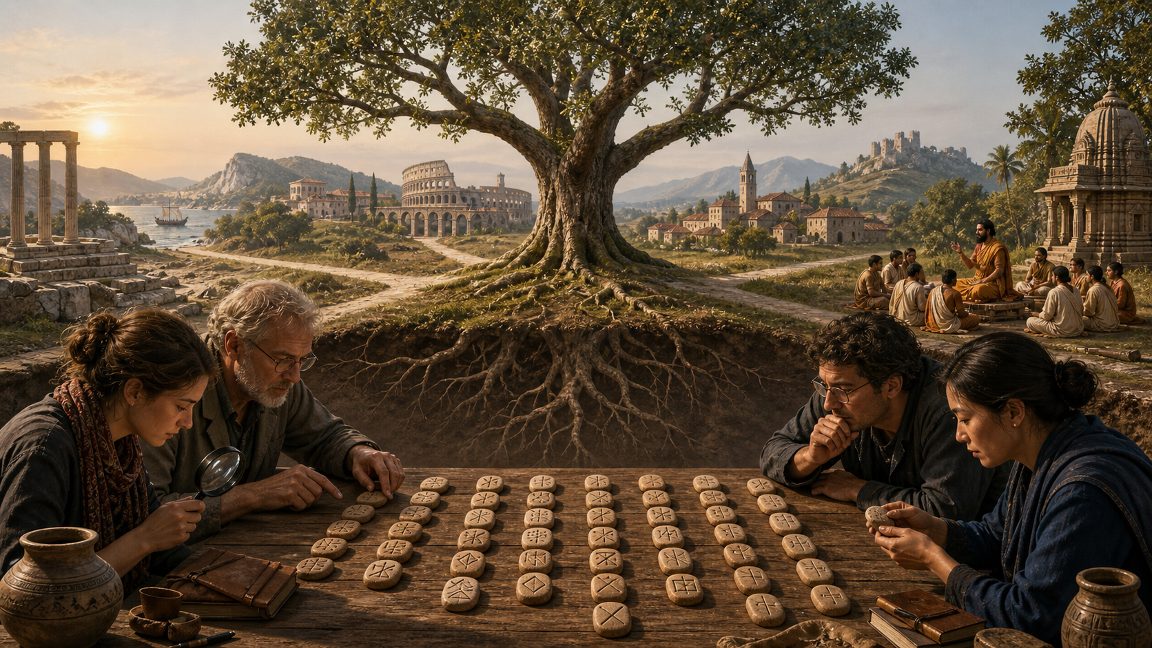 A many-branched tree above shared roots, with researchers comparing rows of abstract sound-pattern tokens in the foreground.