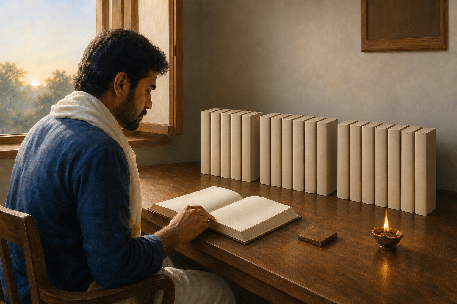 A reader studies one open volume at a wooden desk while seventeen closed volumes remain arranged in sequence beside it.