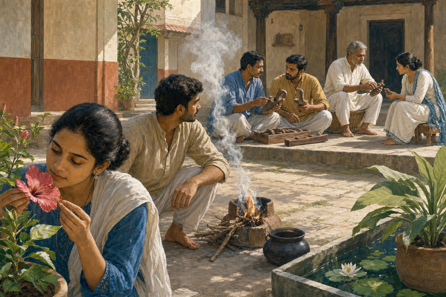 People in a courtyard observe a flower, trace smoke to a fire, compare two tools, and watch an experienced guide demonstrate an object.