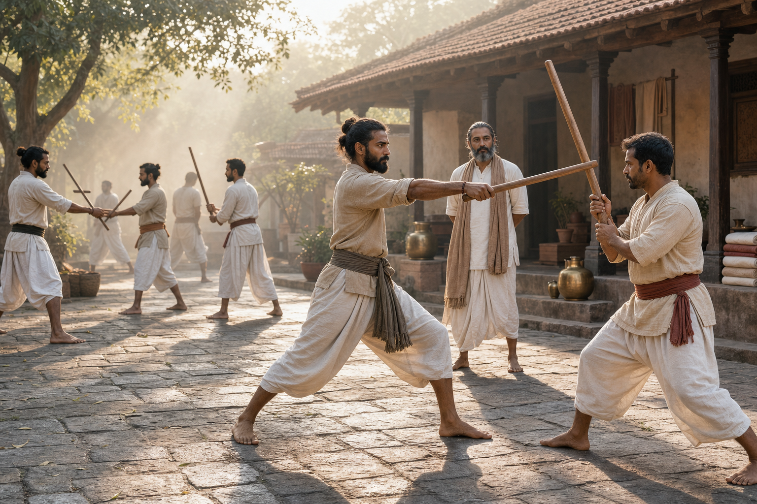 Adult students practice controlled wooden-weapon drills in a courtyard while a teacher observes their distance and restraint.